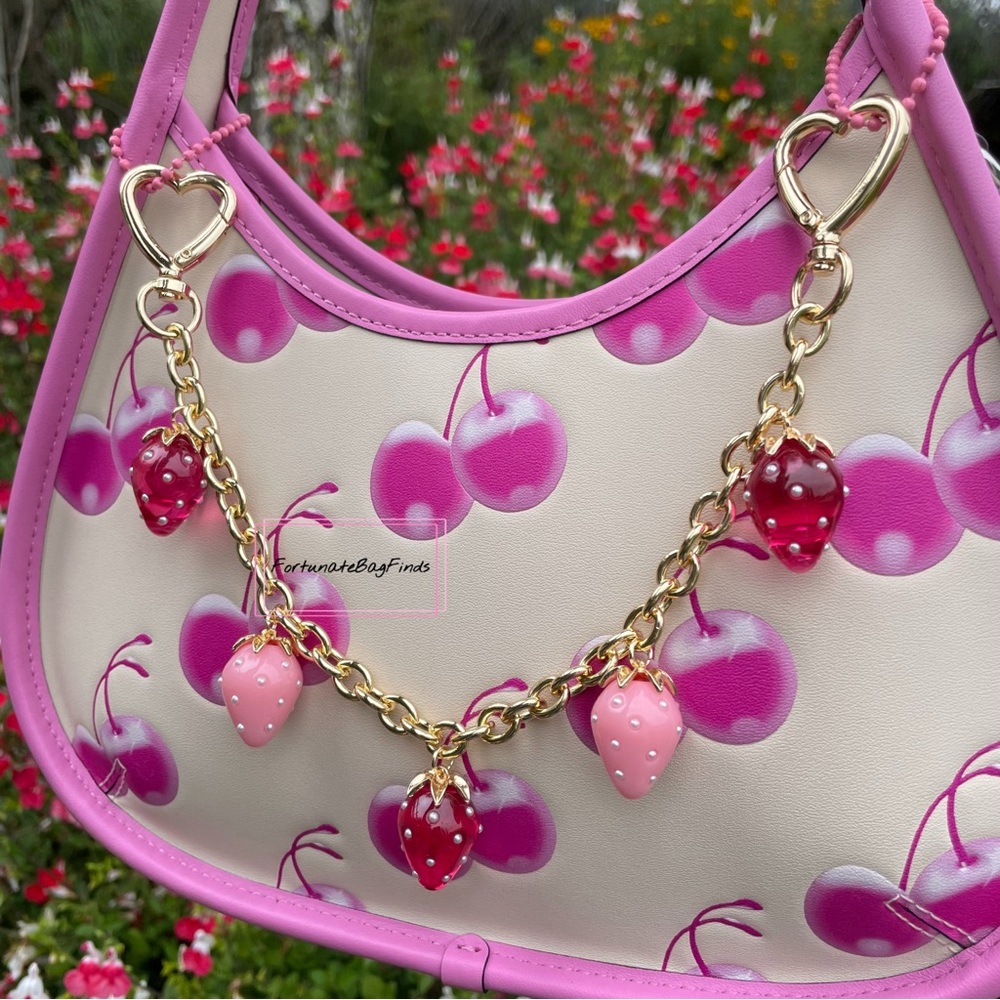 Heart Strawberry Bag Purse Charm Chain Swag Strap Hot Pink & Baby Pink Pearl - Picture 11 of 13